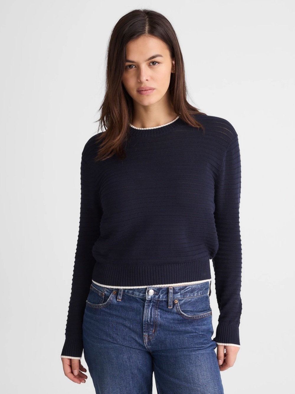 Madewell Striped Textured-Stitch Crewneck Sweater in 100% Cotton